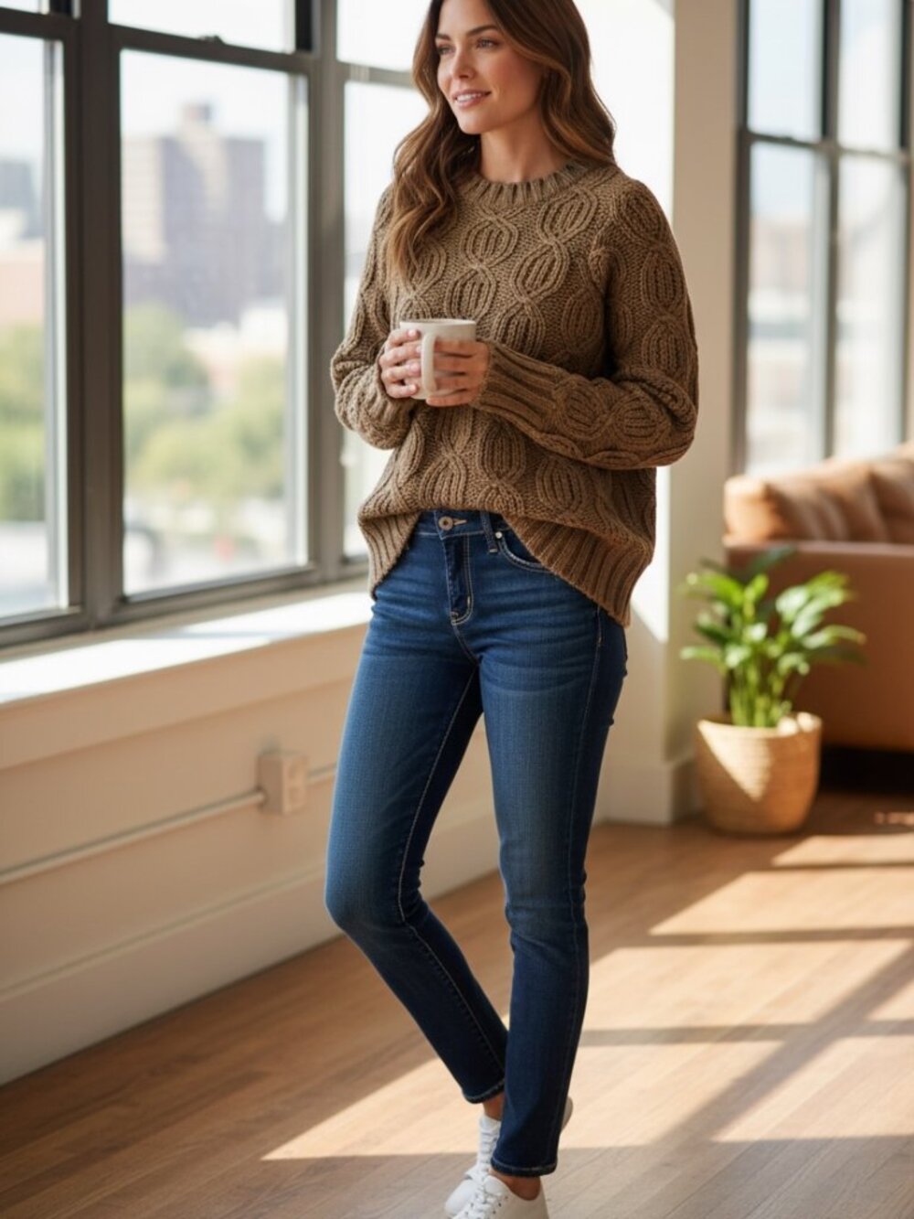 ZARA Brown Cable Knit Sweater S Quiet Luxury